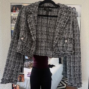 Forever 21 Black & White Tweed Cropped Blazer with Pearl Buttons